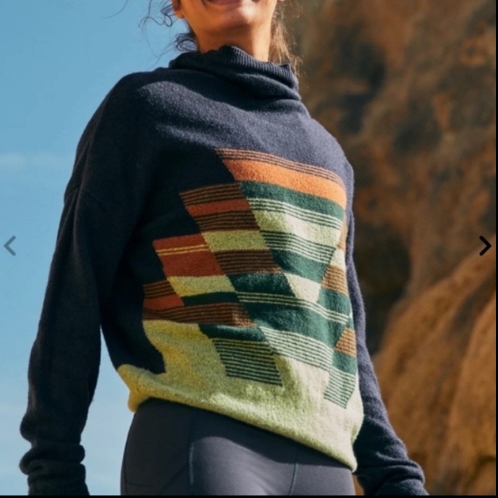 Prana Navy Cowlneck Sweater with Green, Orange, Brown Geometric Pattern - Picture 10 of 10